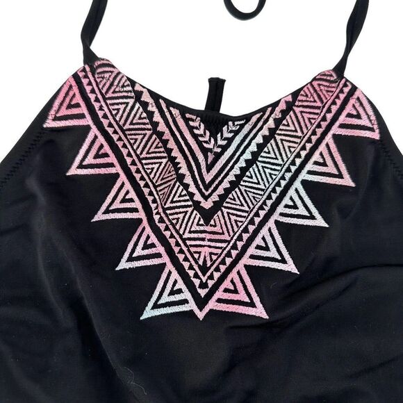 Victorias Secret PINK Swimsuit Top Black Halter Embroidered Size L Bohemian Boho - Picture 4 of 7